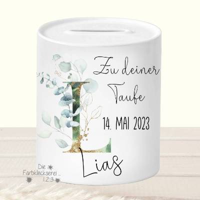 Sparschwein zur Taufe personalisiert Eukalyptus