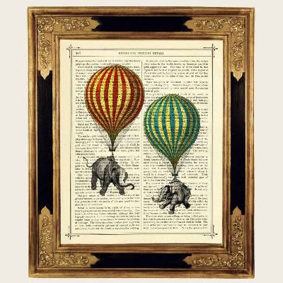 Elefanten Ballons Bild Steampunk Luftballons Poster - Kunstdruck auf antiker viktorianischer Buchseite Kinderzimmer