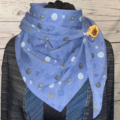 DREIECKSCHAL mit HOLZKNOPF * Unikat-Knopf * Schaltuch * Tuch * JEANSBLAU mit GRAUEN, DUNKELBLAUEN und WEISSEN BLUMEN * 