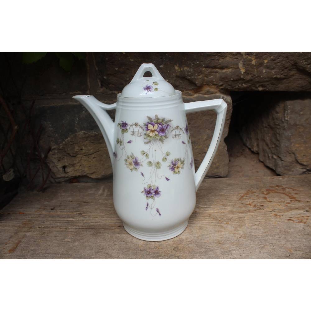 große Jugendstil Kaffeekanne 1,7 l Stiefmütterchen Dekor um 1900
