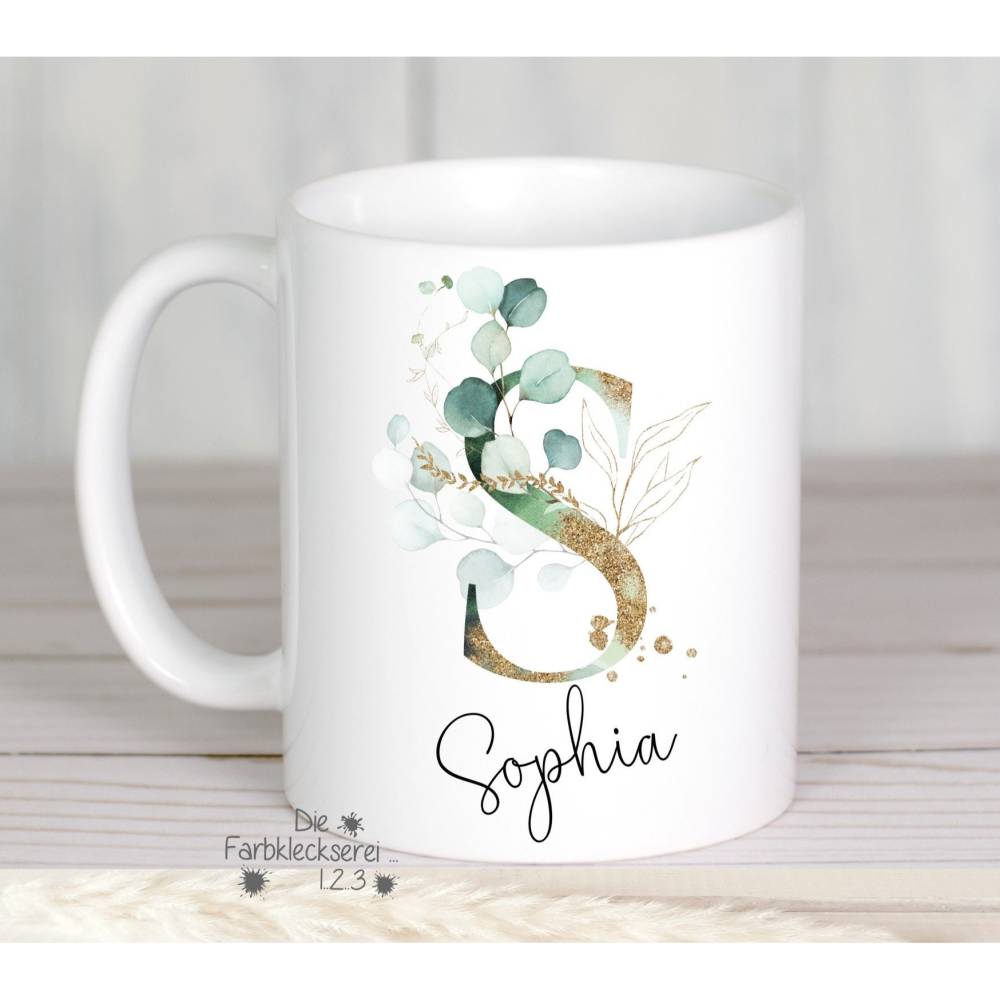 Kaffeebecher, Tasse mit Name und Monogramm personalisiert, Eukalyptus