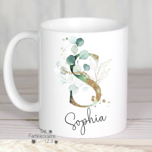 Kaffeebecher, Tasse mit Name und Monogramm personalisiert, Eukalyptus