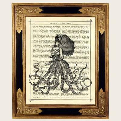 Oktopus Dame Kraken Lady Tentakel Kleid Sonnenschirm - Steampunk Kunstdruck auf antiker viktorianischer Buchseite