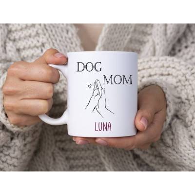 Kaffeetasse Dog Mom, Tasse mit Name und Hundepfote personalisiert