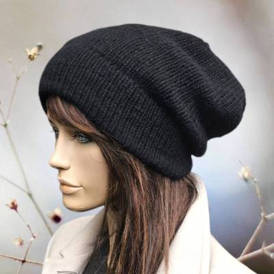 Kaschmir - Strickmütze, schwarz, Beanie, gestrickt, Mütze, Kaschmirmütze, Wintermütze
