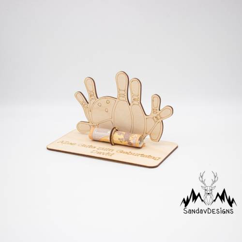Geldgeschenk Bowling - aus Holz personalisiert