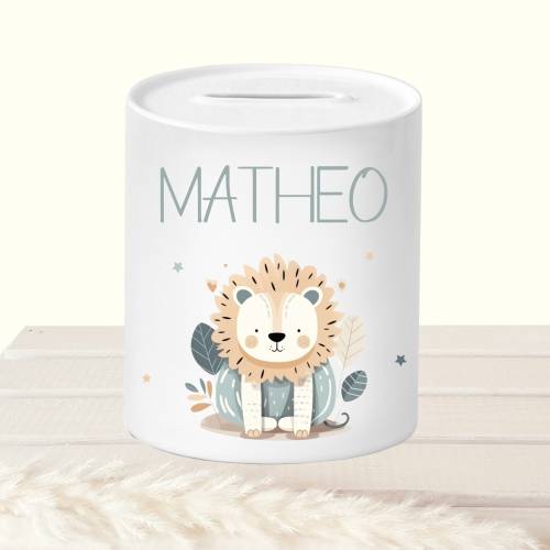 Spardose Kind Löwe, Sparschwein mit Namen, Kinderspardose Keramik personalisiert, Sparbüchse Geburtstag