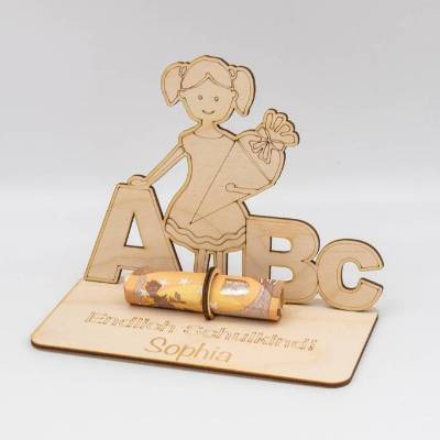 Geldgeschenk Schulanfang Mädchen - aus Holz personalisiert