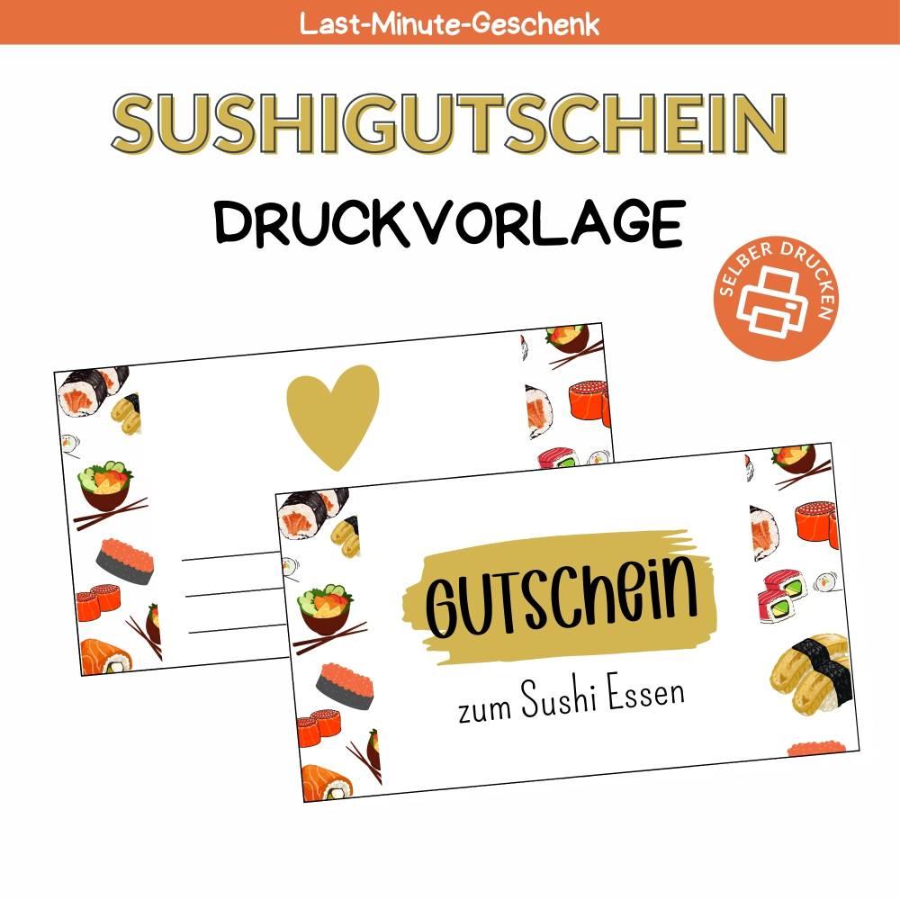 Gutschein für Sushi Druckvorlage - Gutschein Vorlage als Last Minute Geschenk zum Selberdrucken - Digitaler Download Bild 1