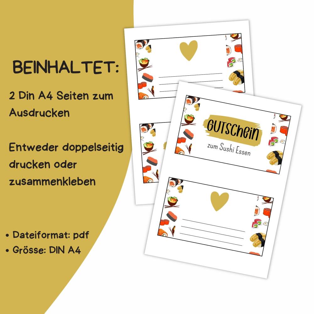 Gutschein für Sushi Druckvorlage - Gutschein Vorlage als Last Minute Geschenk zum Selberdrucken - Digitaler Download Bild 2