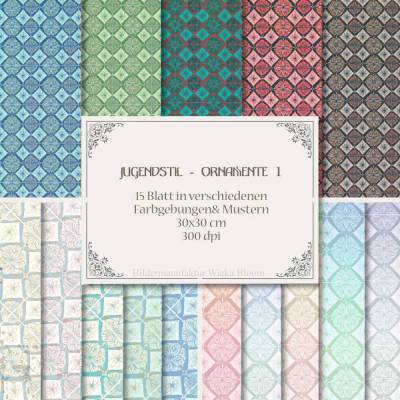 JUGENDSTILORNAMENTE 1, antike Ornamente Muster im Vintage Style, 15 Blatt  digitales Papier zum download und drucken