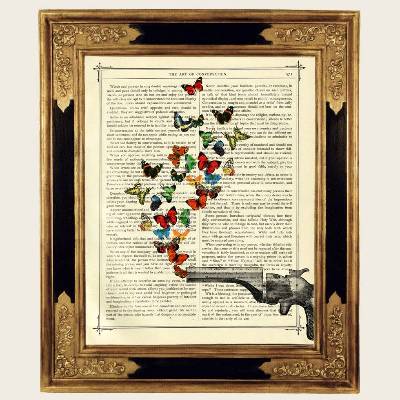Steampunk Revolver Schmetterlinge Bild Druck Insekten Pistole Cowboy Frieden - Kunstdruck auf viktorianischer Buchseite 