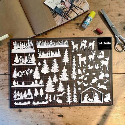 54 Stanzteile Winterwald – Tannen, Tiere & Krippe aus 300g/m² Karton für Scrapbooking & Streudeko