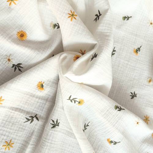 ab 50cm Sunflower weiß bestickter Musselin Stoff - Double Gauze Krinkelmusselin