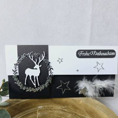 Gutschein- oder Geldgeschenkverpackung zu Weihnachten - Silber-Weiß mit Hirsch