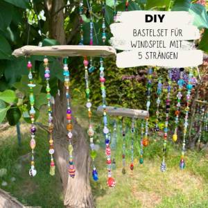Bastelset Windspiel mit 5 Strängen outdoor, mit Glasperlen und Treibholz,  DIY Bastelset für Erwachsene