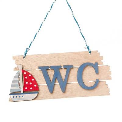 Maritimes WC Türschild aus Holz mit Segelboot – 18x8 cm Deko-Schild