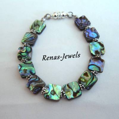 Perlmutt Armband Abalone Paua Muschel Perlmuttarmband Regenbogenfarben silberfarben quadratisch