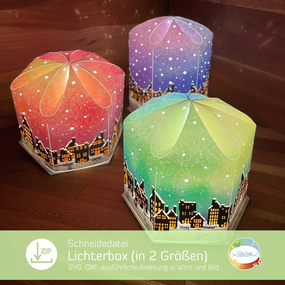 Lichterbox, Laterne SVG in 2 Größen, Plotterdatei für Papier inkl. Anleitung, mit tollem Lichtspiel, für 3 Teelichter Bild 1