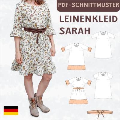 Ebook & Schnittmuster 'Sarah' – Lockeres Leinenkleid mit Saumrüschen & Bindegürtel, inkl. PDF-Anleitung (Größe 34-50)