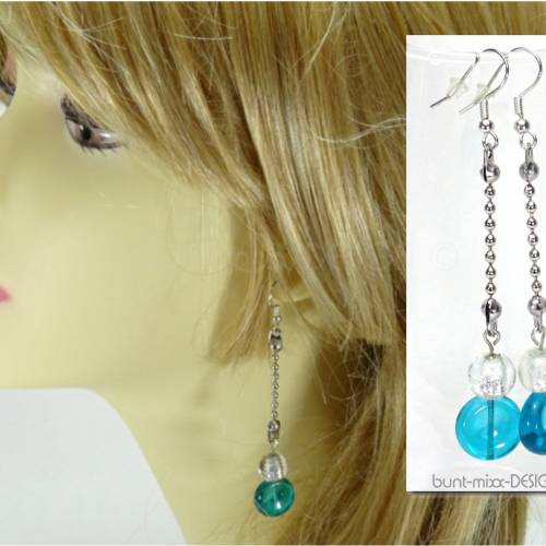 Ohrhänger türkisblau lang, Kugelkette Ohrschmuck, aqua blau Glasperlen Silbereinzug, silverlined glasbeads, boho hippie 