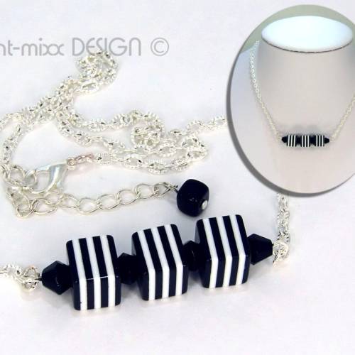 Kette schwarz weiß, Würfel Perlen, Gliederkette silberfarben, Geschenkidee für sie, geometrisch, made by BuntMixxDESIGN 