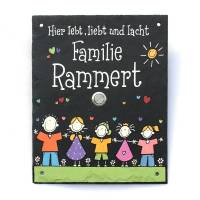 Klingelschild aus Schiefer – personalisiert mit Namen & Figuren, wetterfeste Klingelplatte handbemalt, individuelles Einzugsgeschenk Schieferplatte mit Klingelknopf