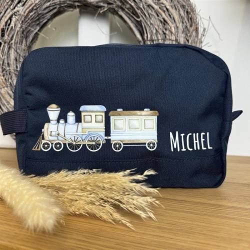 Kulturbeutel Kinder personalisiert mit Zug und Namen | Kulturtasche | Waschtasche | Geschenk für Junge | Kosmetiktasche 