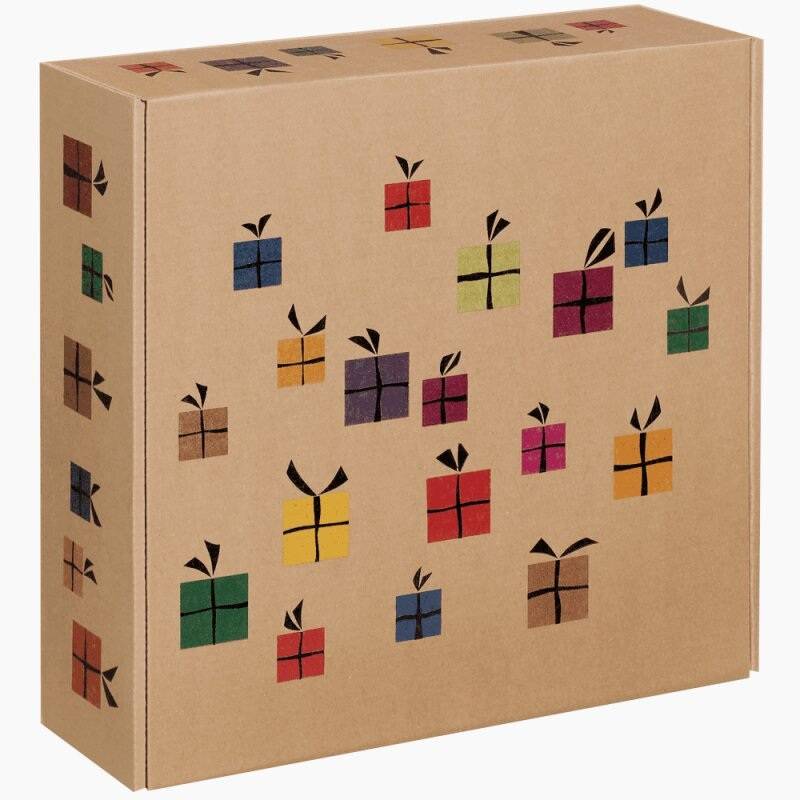 25 Stück, Geschenkbox, braun, digital bedruckt, leer, Innenmaße 198 x 190 x 99 mm