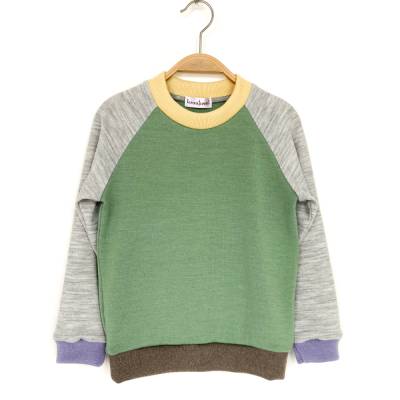 Wollpullover Größe 110 grün grau bunt / Upcycling Kinderpullover 100% Merinowolle