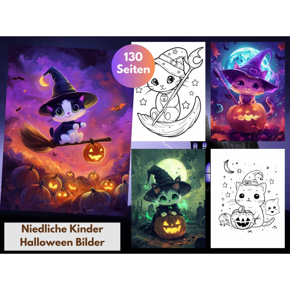 130 niedliche Katzen Malbuch Halloween Bilder zum ausdrucken PDF digital Bild 1