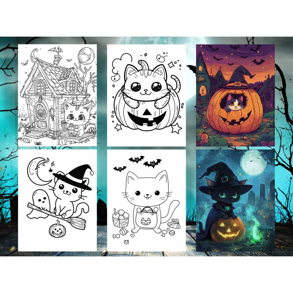 130 niedliche Katzen Malbuch Halloween Bilder zum ausdrucken PDF digital Bild 2