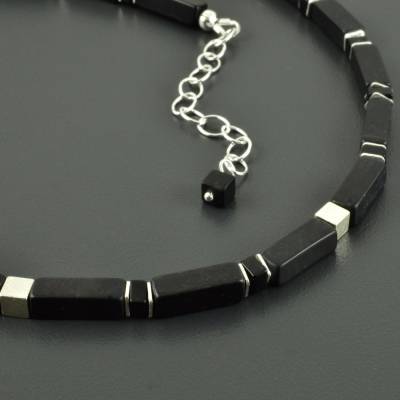 Edle Kette aus Onyx und 925er Silber - Rechtecke Würfel schwarz matt Onyxschmuck Collier Halskette Edelsteinkette