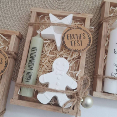 Weihnachten Geschenkset Weihnachtsgeschenk Lebkuchenmann Kerzenhalter Stern kleine Kerze Wichtelgeschenk Kerzenset Wicht