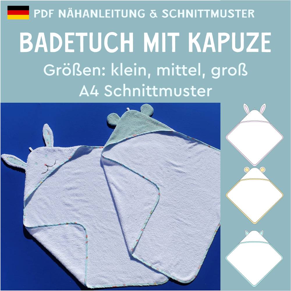 Ebook & Schnittmuster 'Kapuzenbadetuch' – Badetuch für Kinder (Gr. 80x80 bis 140x140 cm) mit Tierohren, inkl. PDF-Anleit Bild 1