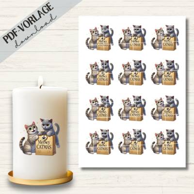 Kerzensticker PDF Datei A4 "Meowy Catmas" | Kerzentattoos Download