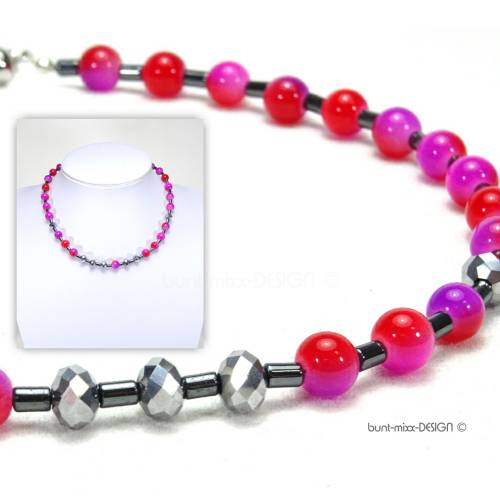 Kette Collier pink beere fuchsia Hämatit facettierte Glasrondelle silberfarben Magnetverschluß handmade by BuntMixxDESIG