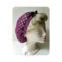 NetzBeanie, Beanie, Hairsnood im NetzLook mit Ripsband / 40er-50er Jahre Look / lila/violett, schwarz / One size