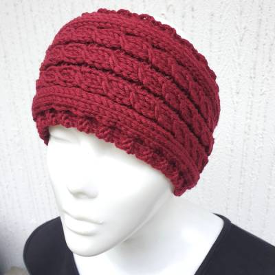 Gestricktes Stirnband mit schönem Zopfmuster in Bordeaux - aus reiner Schurwolle (Merino) KU 54 - 56