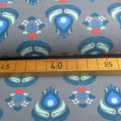 Baumwoll-Jersey Blumenblüten grau-blau Oeko-Tex 100 (1m/12,-€)