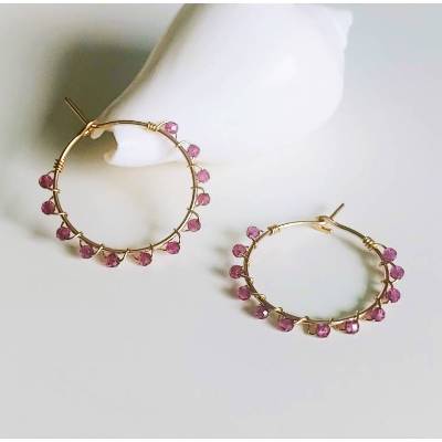 Rhodolith Granat Creolen Gold filled 25 mm Durchmesser, Edelstein Ohrringe, leichte goldene Ohrringe