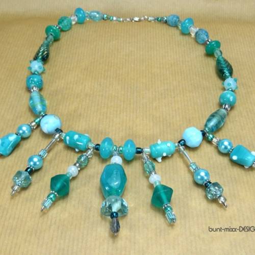 Kette Collier 7 Einhänger Unikat Schmuck OAAK petrol türkis meergrün, 925-Silber, mit Etui Geschenk Weihnachten, handmad