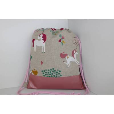 Kinderrucksack / Turnbeutel Einhorn beige / rosé (mit oder ohne Name)