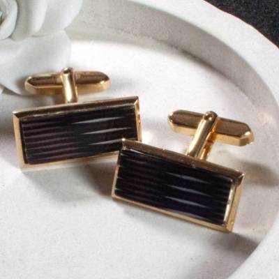 Vintage Manschettenknöpfe 70er Jahre goldfarben schwarz Glas Männer Schmuck Retro
