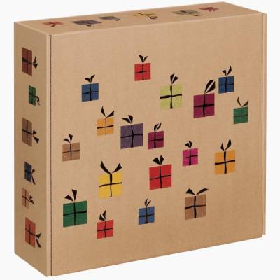 25 Stück, Geschenkbox, braun, digital bedruckt, leer, Maße 198 x 190 x 99 mm