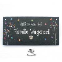 Klingelschild aus Schiefer personalisiert mit Name, handgemalt mit Pusteblumen & Schmetterlingen, wetterfeste Klingelplatte, individuelles Türschild mit Klingelknopf
