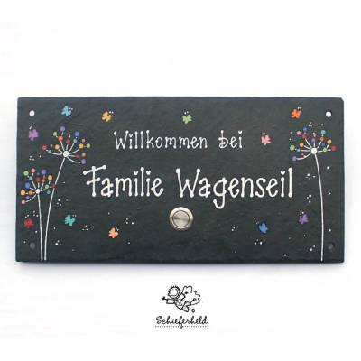 Klingelschild aus Schiefer personalisiert mit Name, handgemalt mit Pusteblumen & Schmetterlingen, wetterfeste Klingelplatte, individuelles Türschild mit Klingelknopf