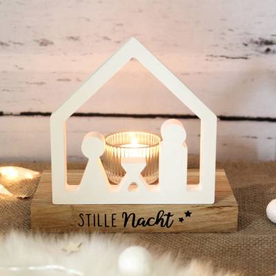 Teelichthalter Krippe „Stille Nacht“ – Moderner Kerzenhalter Weihnachten aus Holz & Gießpulver