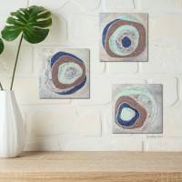 3-teiliges Set Acrylbilder auf MDF Block, tiefe Struktur ,sanfte Mint-, Blau- und Brauntönen mit einer spannenden H