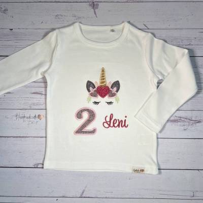 Einhorn Geburtstagsshirt mit Name und Zahl bestickt I Shirt zum Geburtstag Kind I Glitzershirt personalisiert Mädchen